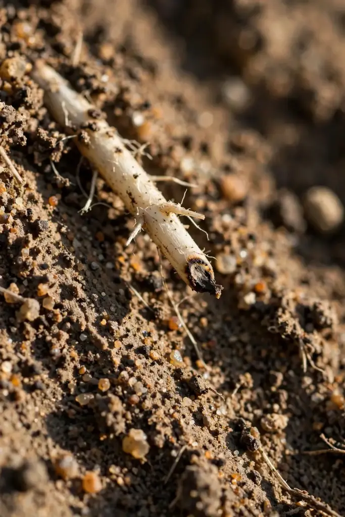 Extreme close-up of a grass root tip cropped short with browned feeding damage.