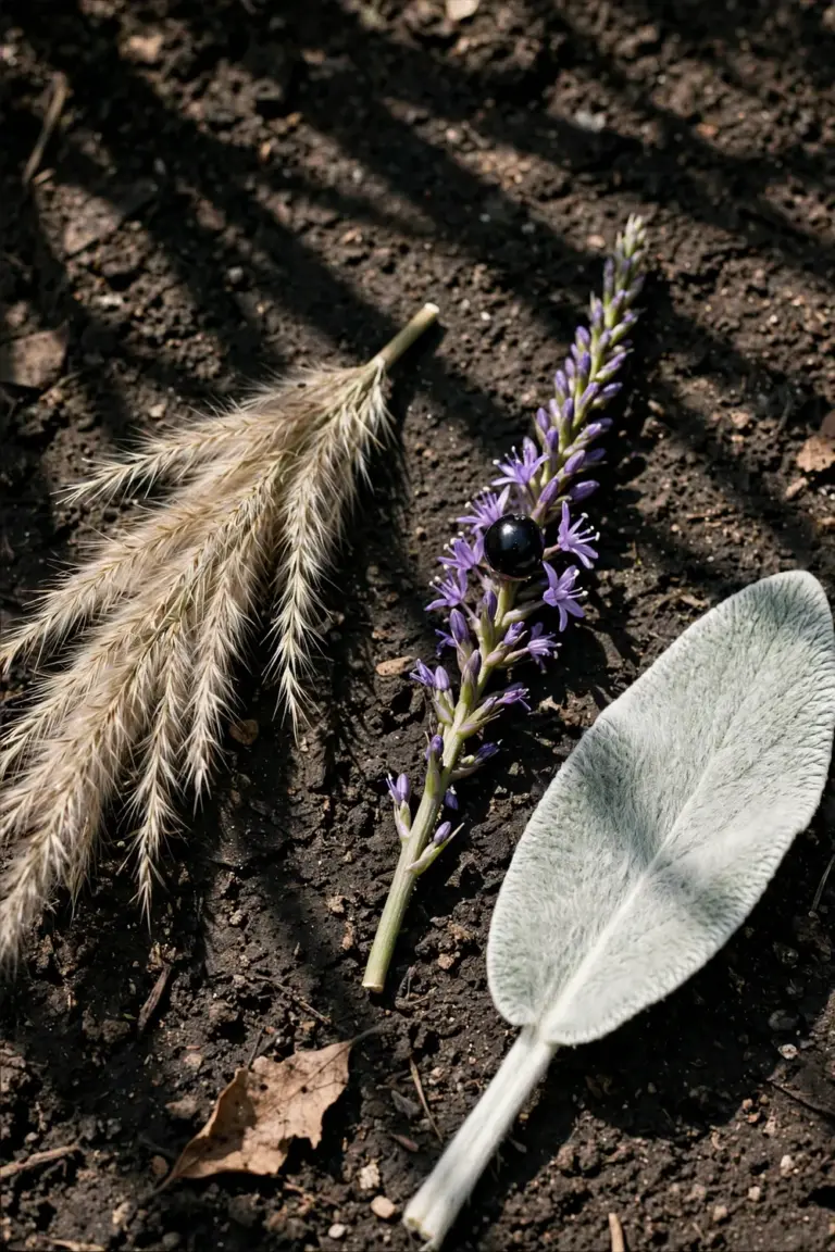 Grass spikelets, liriope berries and a woolly lamb's ear leaf side by side