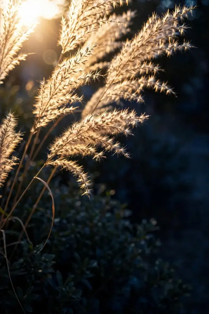 Ornamental grasses backlit at golden hour, translucent seed plumes