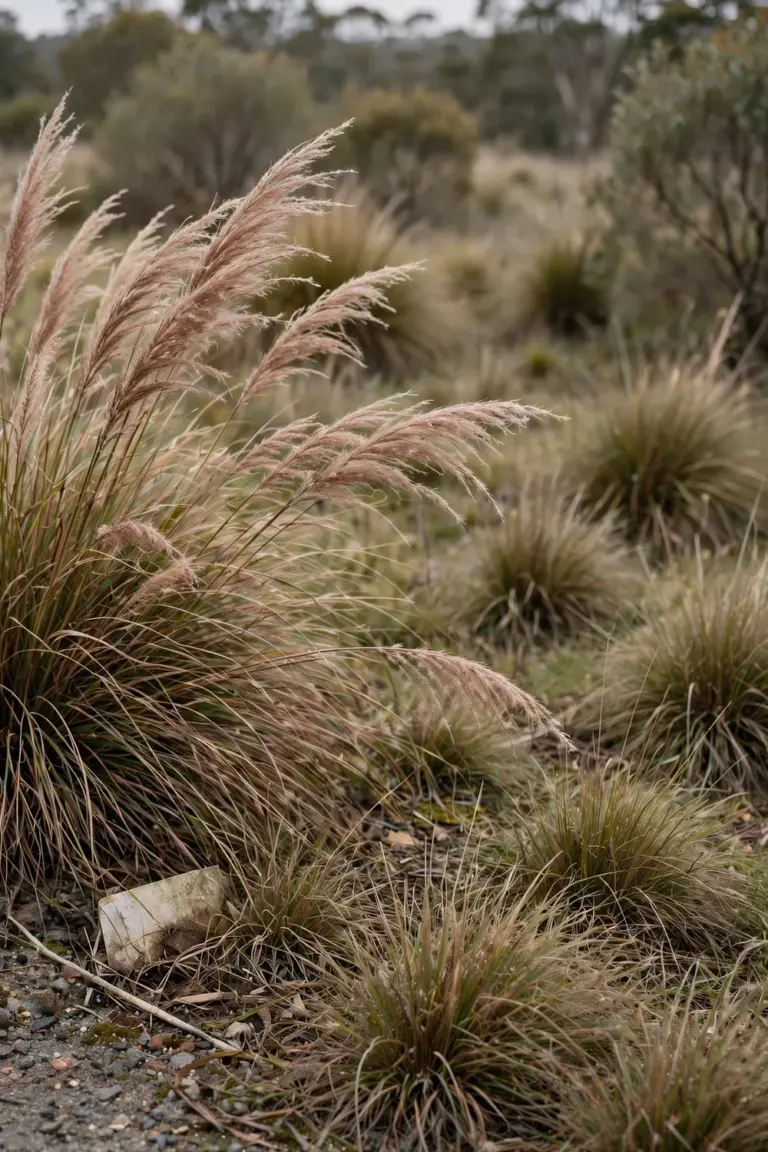 Ornamental grasses spreading along a roadside verge beside native bushland