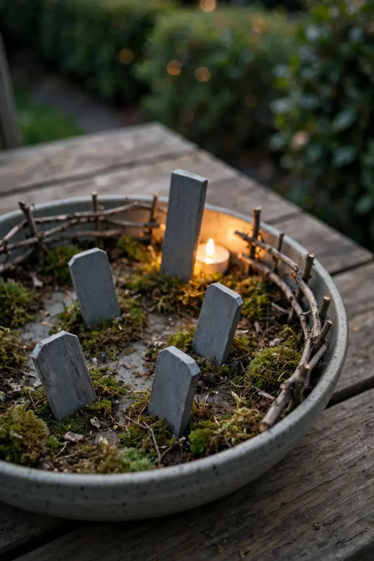 Miniature graveyard in a wide bowl with tiny blank tombstones, a twig fence and moss