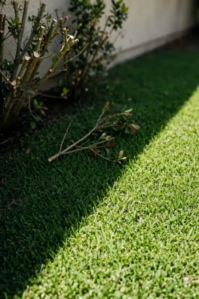 Lawn edge with shrubs cut back letting sunlight reach the turf.