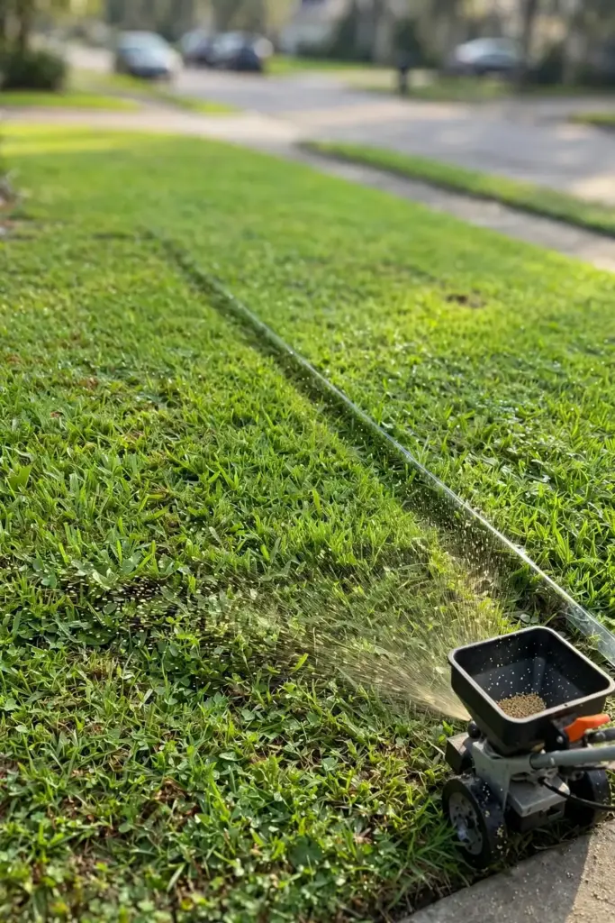 Broadcast spreader applying granules evenly across the lawn.