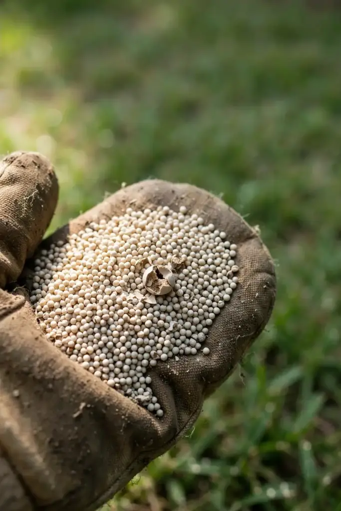 Fungicide granules cupped in a gloved hand above spotted lawn.