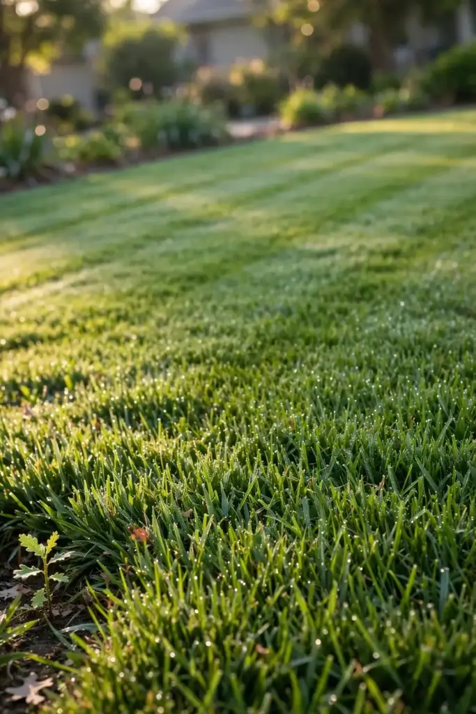 Healthy St. Augustine lawn with mowing stripes in morning light.