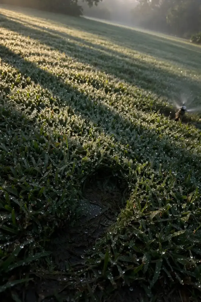 Lawn soaked with morning dew, water beads covering every grass blade.