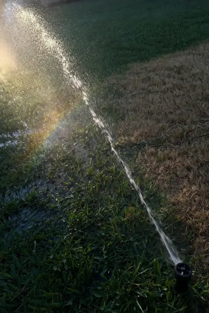 Sprinkler watering lawn in early morning light, droplets frozen mid-air.