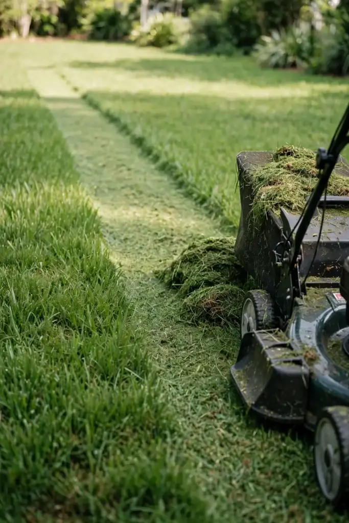 Push mower mid-pass with bagged clippings beside raised-cut turf.