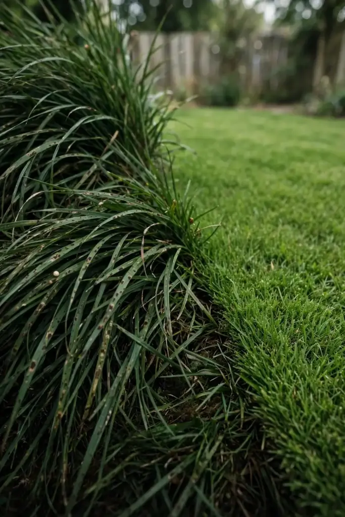 Lawn split between overfed spotted turf and healthy moderate turf.
