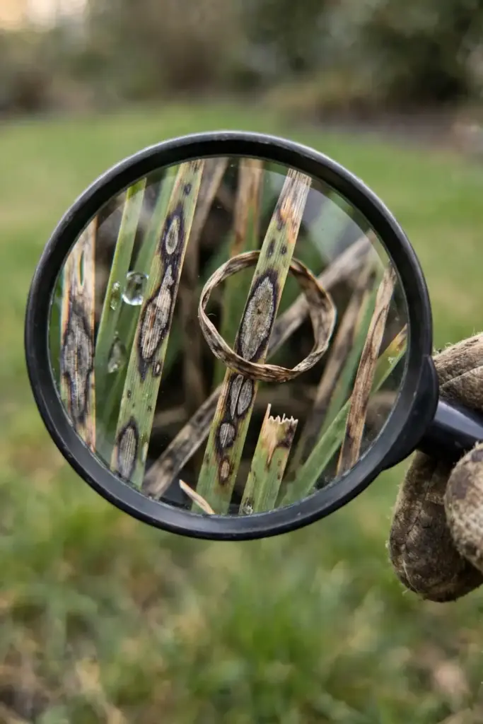 Magnifying glass over twisted blighted ryegrass blades showing lesions.