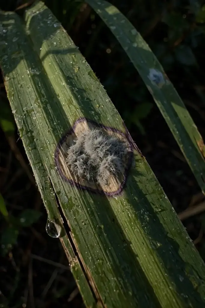 Sporulating gray leaf spot lesion covered in gray spore masses, macro view.