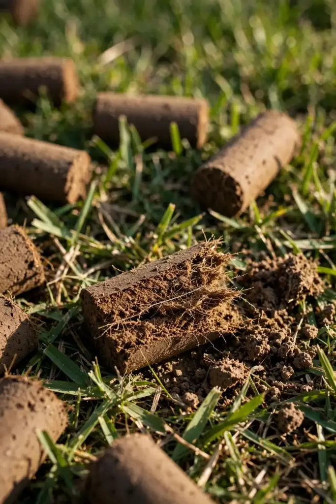 Aeration cores on lawn, one broken open showing the thatch layer.