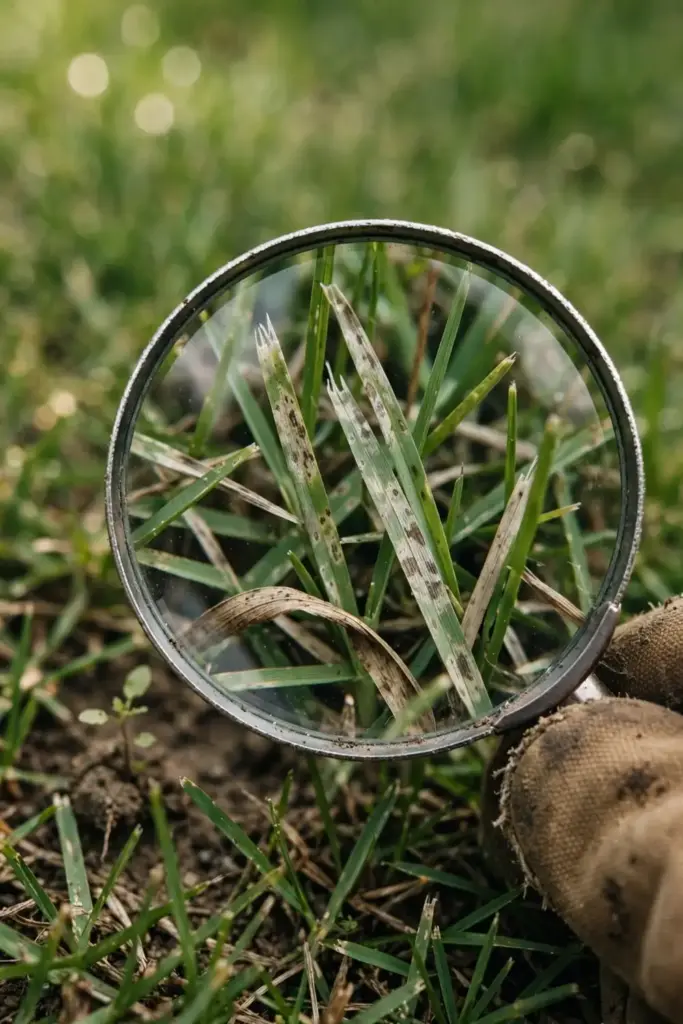 Magnifier over lawn patch comparing spotted and healthy blades.