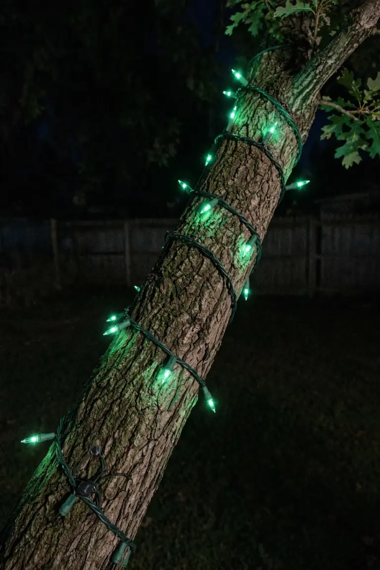 Green string lights spiralling up a tree trunk in a dark front yard