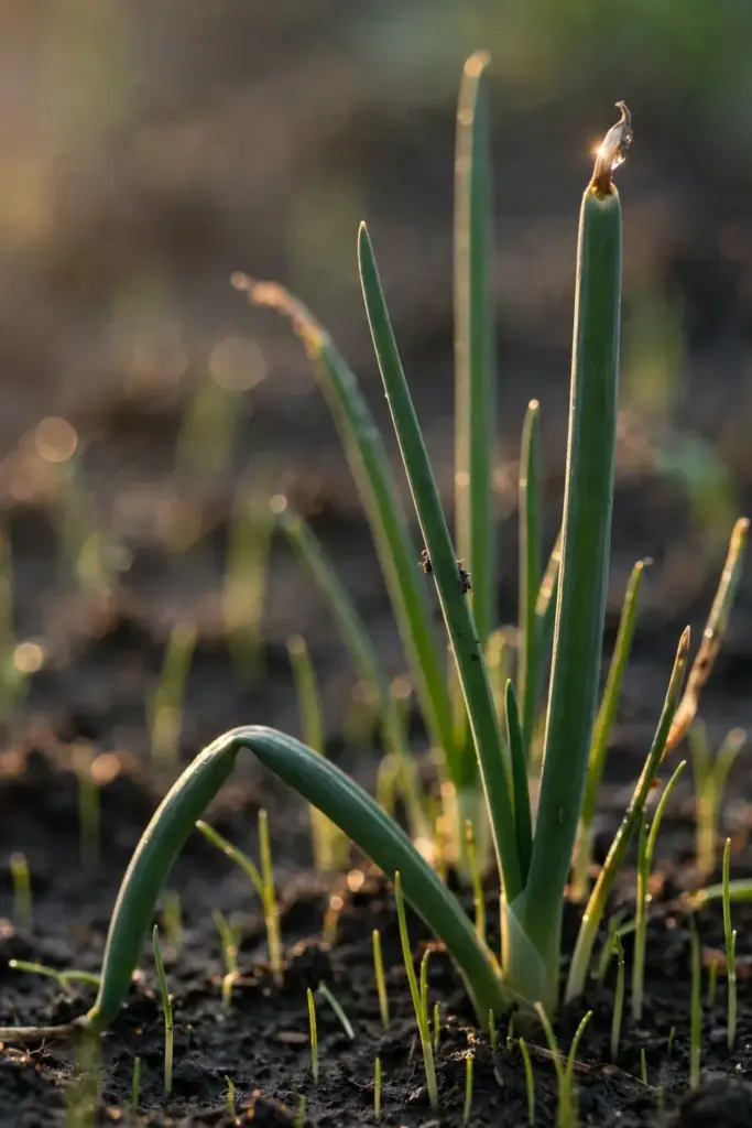 Green onion seedlings like green needles rising from dark soil