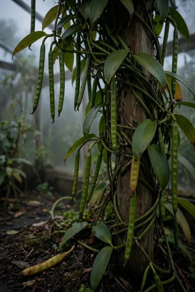 Tall vanilla vine with hanging pods in a home greenhouse