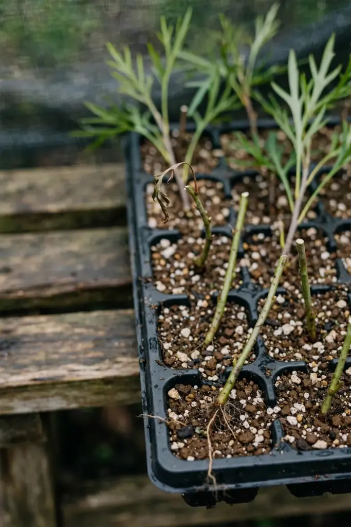 Grevillea cuttings in a propagation tray with coarse draining mix
