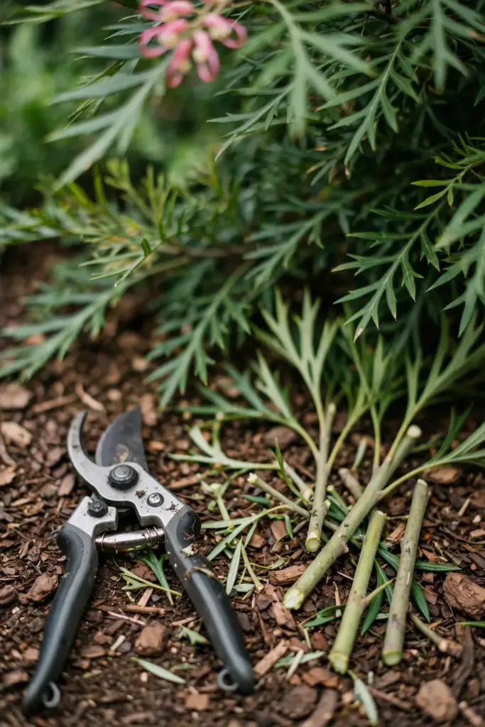 Pruning shears resting beside a grevillea shrub after a light prune