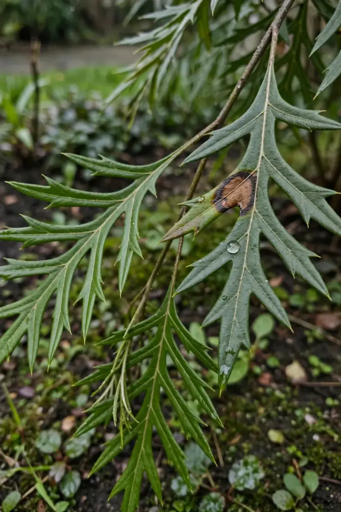 Grevillea leaf with brown leaf spot beside a healthy leaf