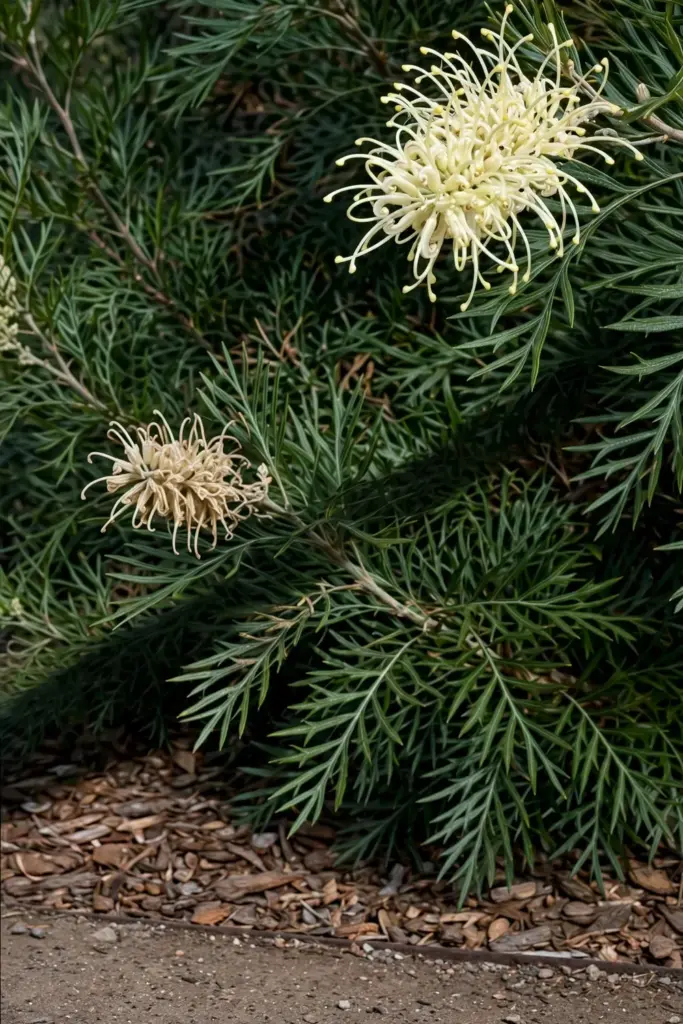 Grevillea Moonlight shrub with cream flower clusters and feathery foliage