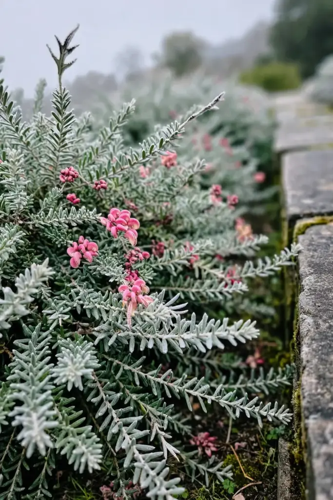 Grevillea Mt Tamboritha low mat with pink flowers and woolly foliage