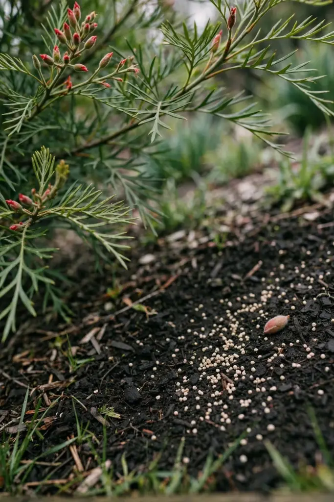 Native fertilizer granules scattered under a grevillea drip line in spring