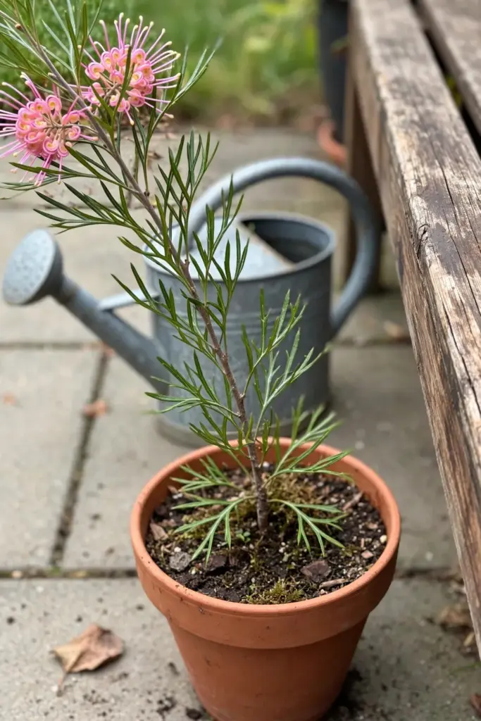 Potted grevillea with pink flowers on a sunny patio beside a timber bench
