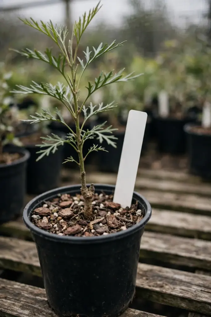 Potted grevillea with a plant label and a visible graft union near the base