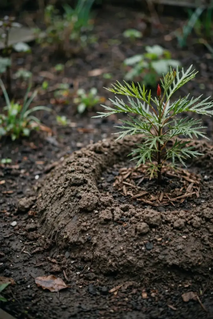 Grevillea planted high on a raised mound with mulch and a watering basin