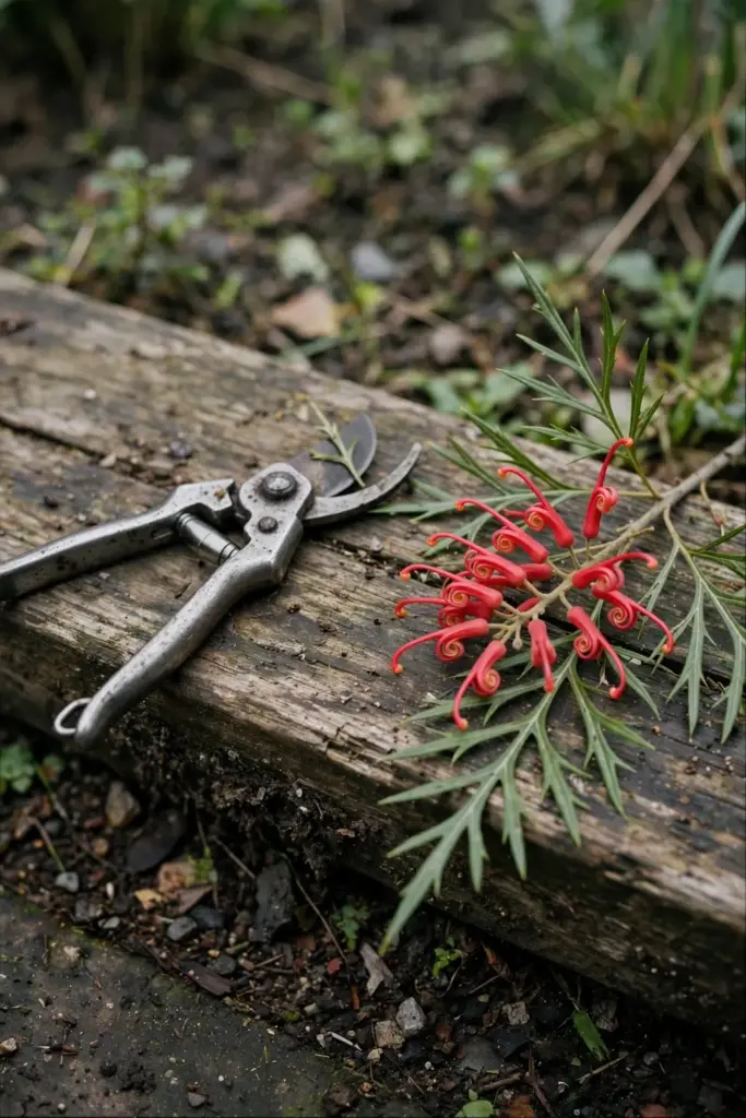 Pruning shears and a grevillea sprig with toothbrush flowers on a bench