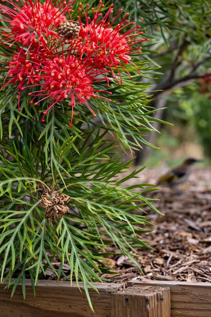 Grevillea Robyn Gordon shrub with red toothbrush flowers and dense green foliage