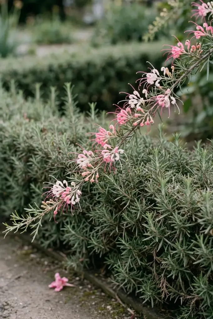 Rosemary grevillea hedge with pink and white flowers and needle foliage