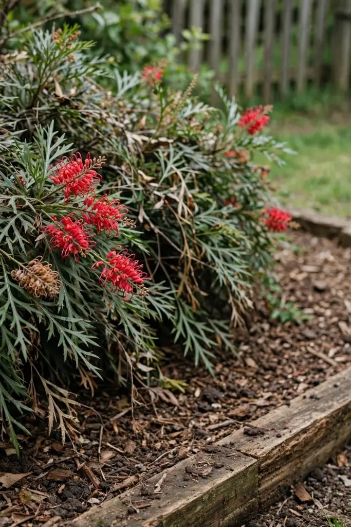 Flowering grevillea bed at season close with dense growth and fresh mulch