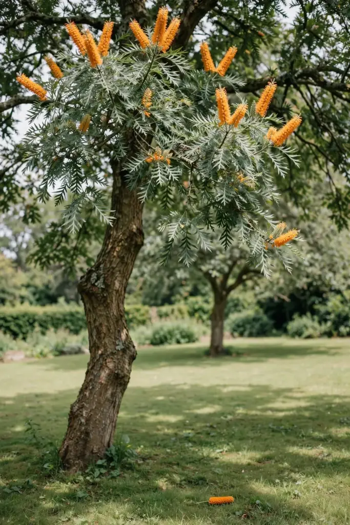 Silky oak tree with orange flower spikes and fern-like leaves over a lawn