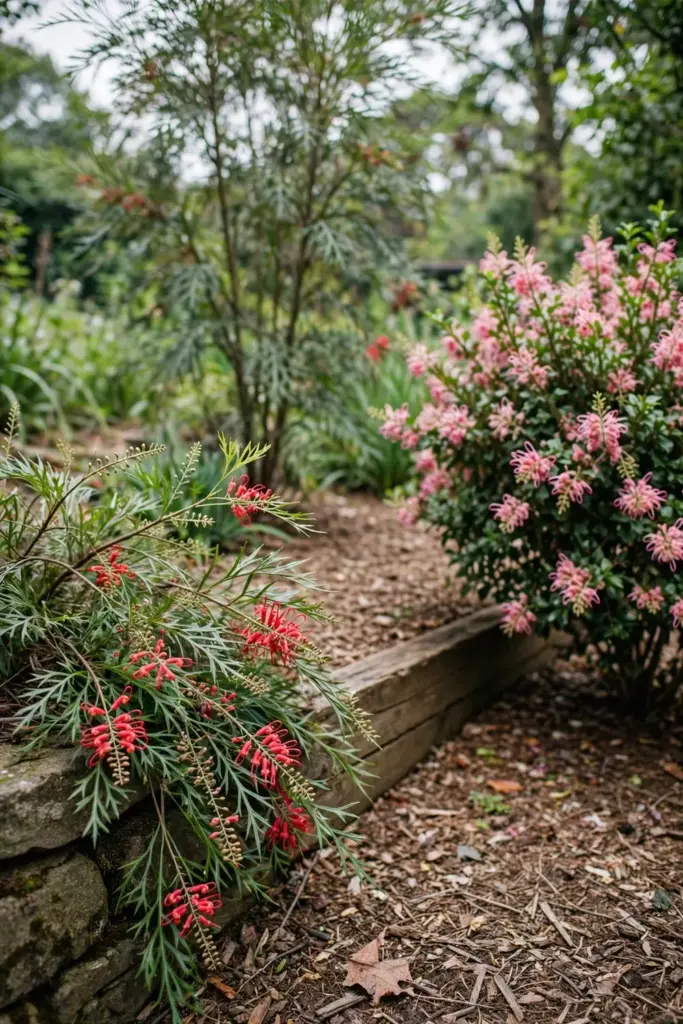 Groundcover grevillea spilling over a wall beside a shrub grevillea and a tall tree