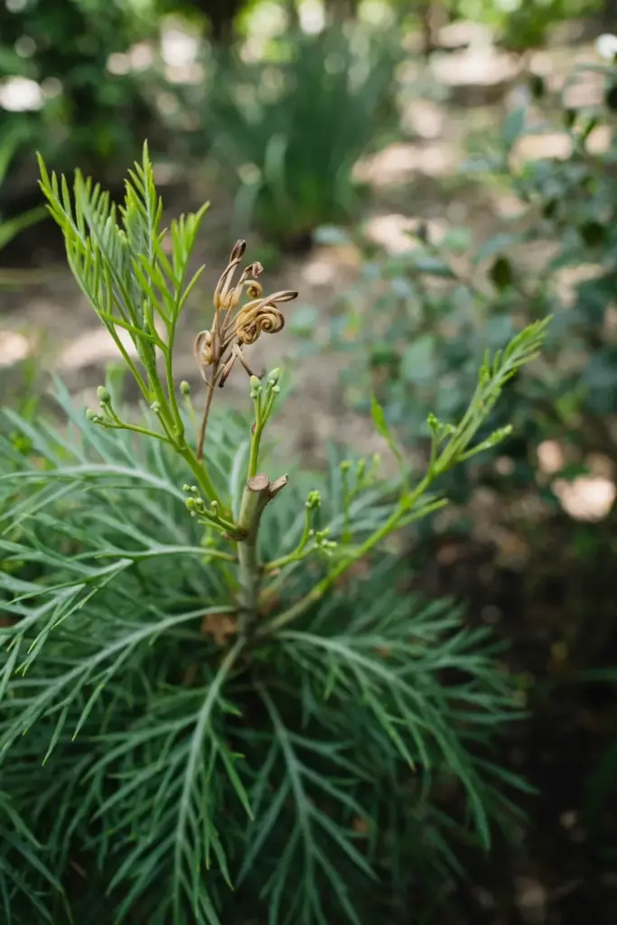 Grevillea shrub with fresh tip growth and spent blooms after pruning
