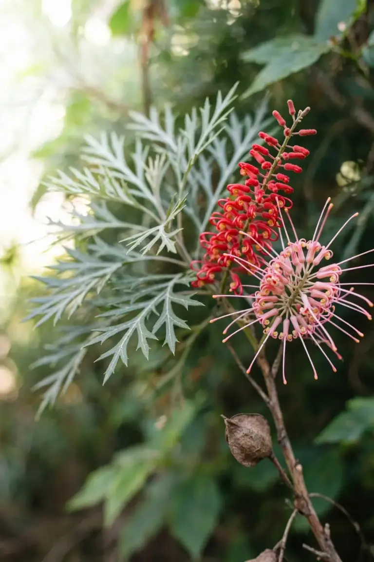 Grevillea toothbrush and spider flower clusters past the leaves