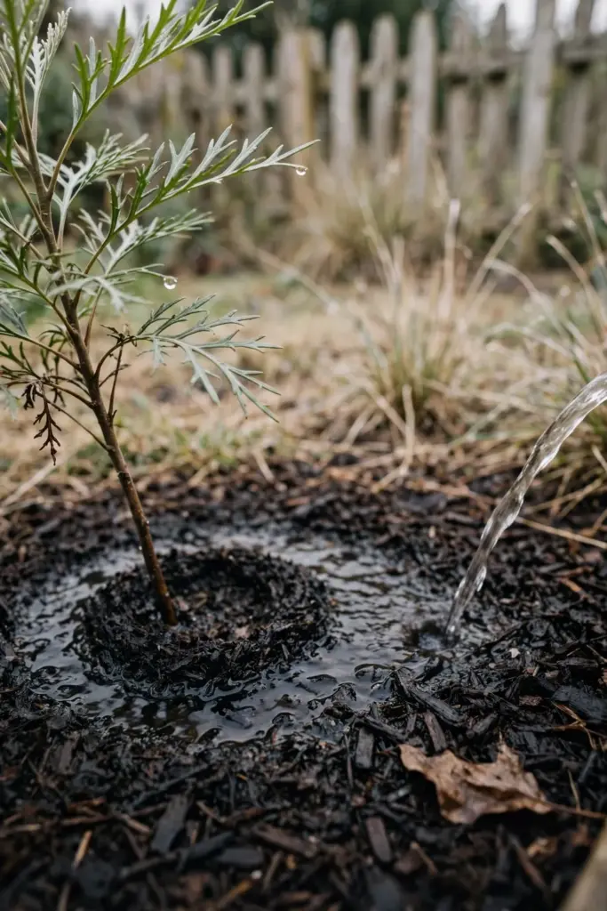 Water soaking into mulch at the base of a young grevillea on a dry day