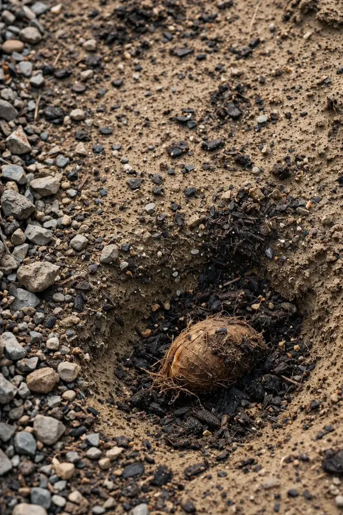 Close view of gritty sandy soil with a saffron corm half-buried at planting depth