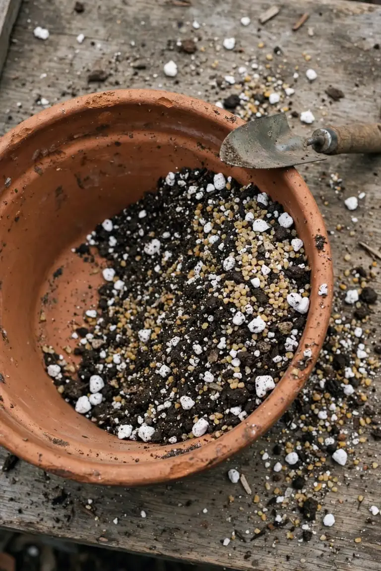 Gritty succulent mix of perlite, coarse sand, and potting mix in a terracotta pot