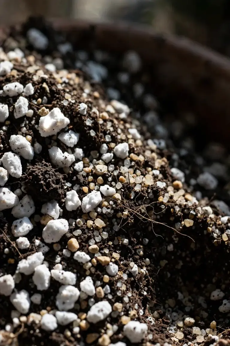 Macro of gritty succulent soil mix with white perlite chunks and coarse sand