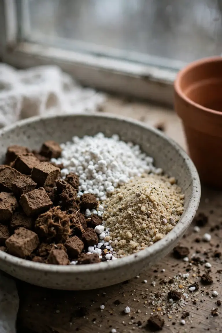 Bowl of gritty potting mix with perlite, sand and peat beside an empty terracotta pot