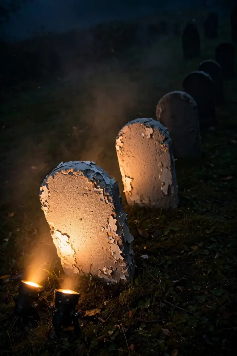 Ground spotlights aimed up at foam tombstones in a dark front yard after sunset