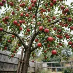Backyard apple tree loaded with ripe red apples in full sun