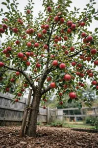 Backyard apple tree loaded with ripe red apples in full sun