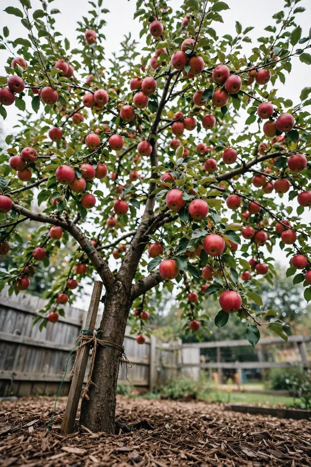 Backyard apple tree loaded with ripe red apples in full sun