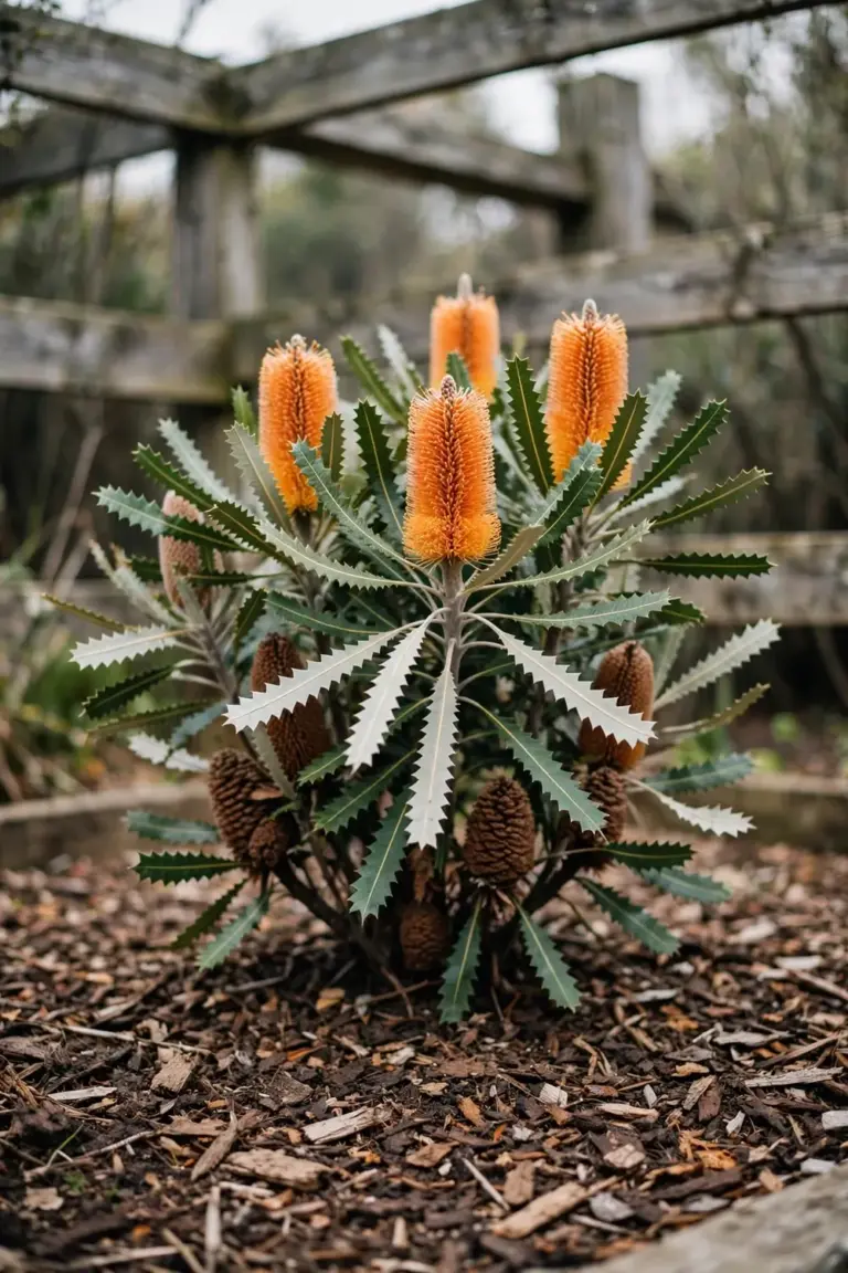 Banksia shrub with orange flower spikes in a sunny home garden bed