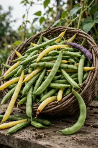 Basket of freshly picked green, yellow, and purple beans on a timber table