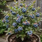 Potted blueberry bush loaded with ripe blue berries on a sunny patio