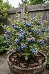 Potted blueberry bush loaded with ripe blue berries on a sunny patio